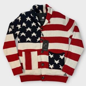 American Stitch Mens Cardigan Sweater Jacket American Flag Stars Shawl Collar S